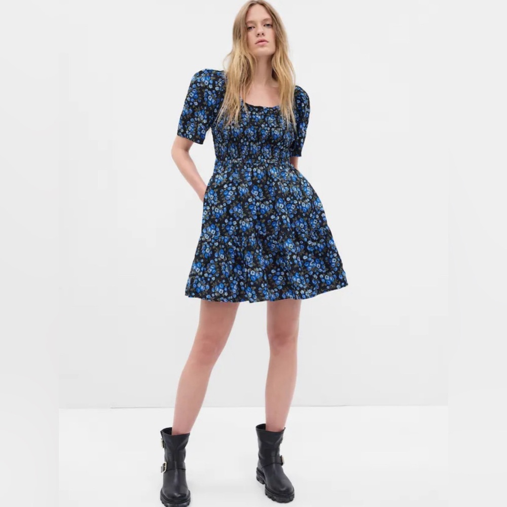 GAP NWT‎ Women's Puff Sleeve Smocked Mini Dress - Blue Ditsy Floral
